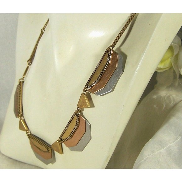MadeWell Tri-Metal Tones Geometric Necklace 18" Gold Copper Silver 3" Extender - Picture 3 of 6